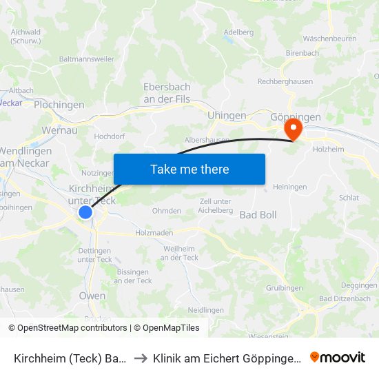 Kirchheim (Teck) Bahnhof/Zob to Klinik am Eichert Göppingen Frauenklinik map