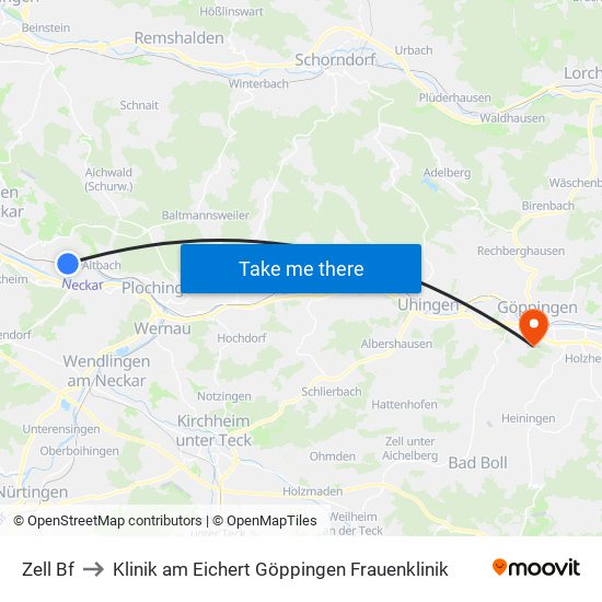 Zell Bf to Klinik am Eichert Göppingen Frauenklinik map