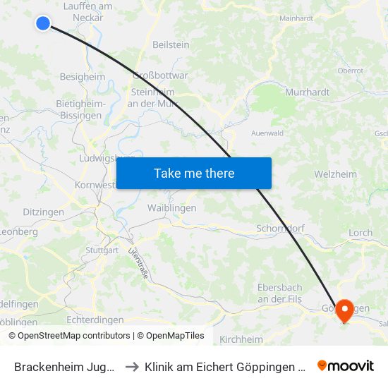 Brackenheim Jugendhaus to Klinik am Eichert Göppingen Frauenklinik map