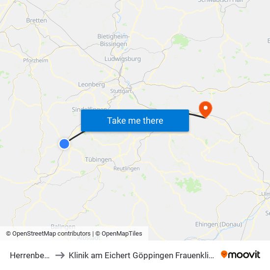 Herrenberg to Klinik am Eichert Göppingen Frauenklinik map