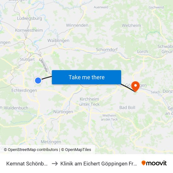 Kemnat Schönbergstr. to Klinik am Eichert Göppingen Frauenklinik map