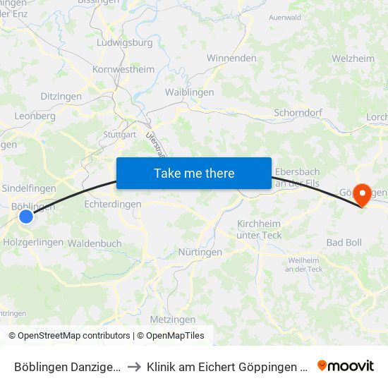 Böblingen Danziger Straße to Klinik am Eichert Göppingen Frauenklinik map