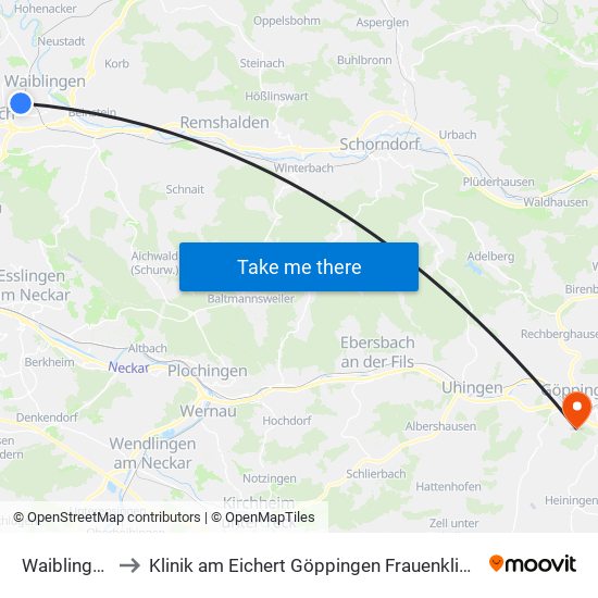 Waiblingen to Klinik am Eichert Göppingen Frauenklinik map