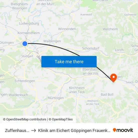 Zuffenhausen to Klinik am Eichert Göppingen Frauenklinik map