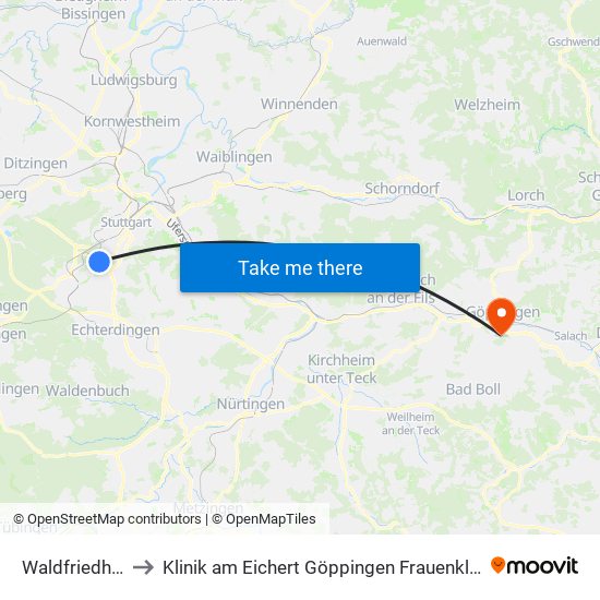 Waldfriedhof to Klinik am Eichert Göppingen Frauenklinik map