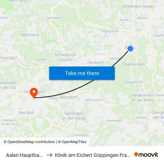 Aalen Hauptbahnhof to Klinik am Eichert Göppingen Frauenklinik map