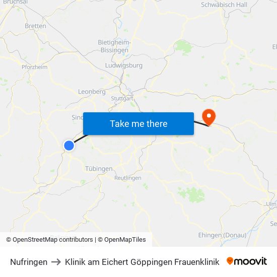 Nufringen to Klinik am Eichert Göppingen Frauenklinik map