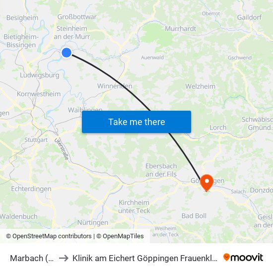 Marbach (N) to Klinik am Eichert Göppingen Frauenklinik map