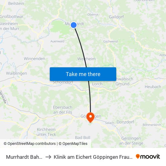 Murrhardt Bahnhof to Klinik am Eichert Göppingen Frauenklinik map
