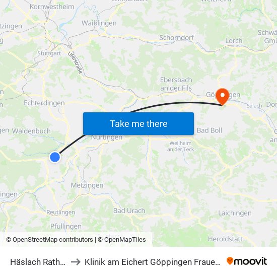 Häslach Rathaus to Klinik am Eichert Göppingen Frauenklinik map