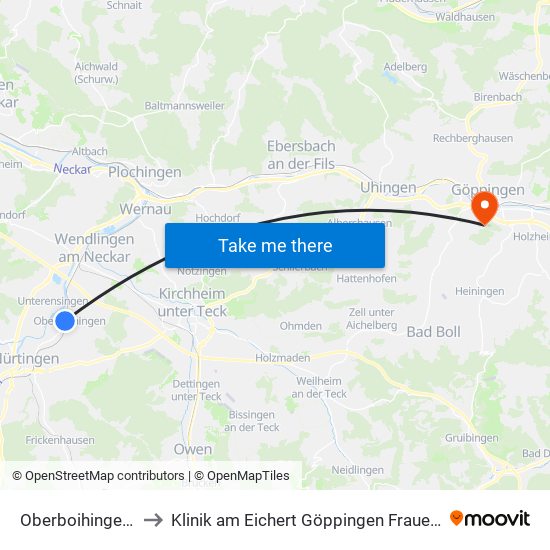 Oberboihingen Bf to Klinik am Eichert Göppingen Frauenklinik map