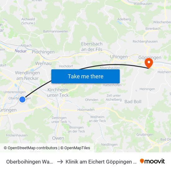 Oberboihingen Warnenberg to Klinik am Eichert Göppingen Frauenklinik map