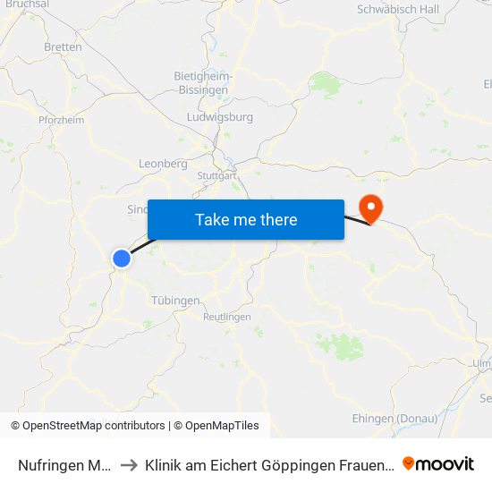 Nufringen Mitte to Klinik am Eichert Göppingen Frauenklinik map