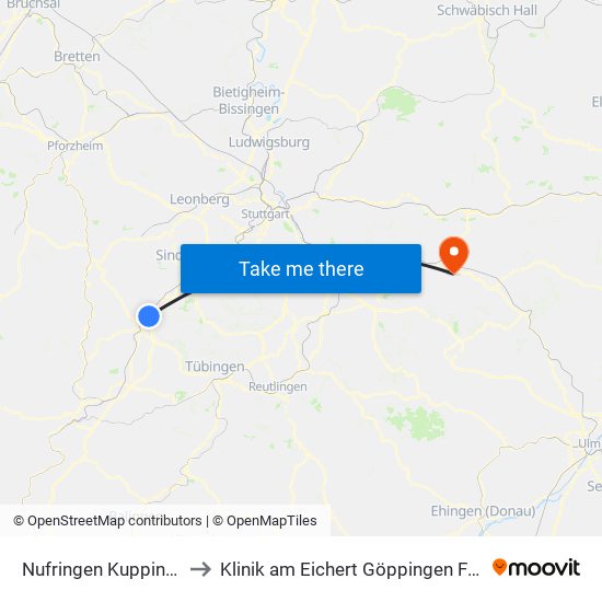 Nufringen Kuppinger Str. to Klinik am Eichert Göppingen Frauenklinik map