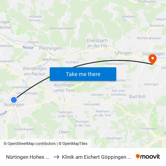 Nürtingen Hohes Gestade to Klinik am Eichert Göppingen Frauenklinik map
