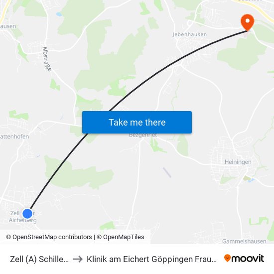 Zell (A) Schillerstr. to Klinik am Eichert Göppingen Frauenklinik map