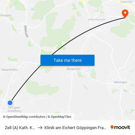 Zell (A) Kath. Kirche to Klinik am Eichert Göppingen Frauenklinik map