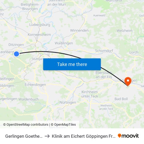 Gerlingen Goethestraße to Klinik am Eichert Göppingen Frauenklinik map