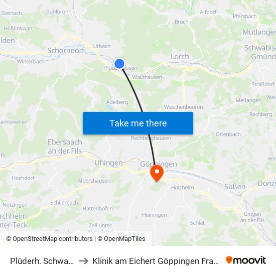 Plüderh. Schwanfeld to Klinik am Eichert Göppingen Frauenklinik map
