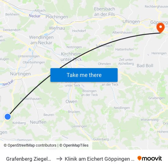 Grafenberg Ziegelwasenstr. to Klinik am Eichert Göppingen Frauenklinik map