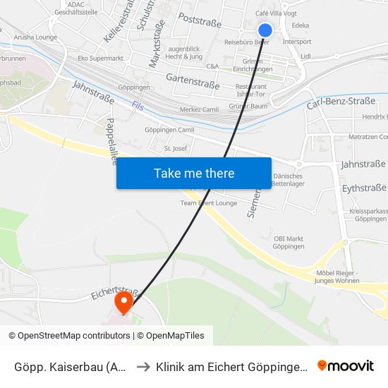 Göpp. Kaiserbau (Ag. Für Arb.) to Klinik am Eichert Göppingen Frauenklinik map