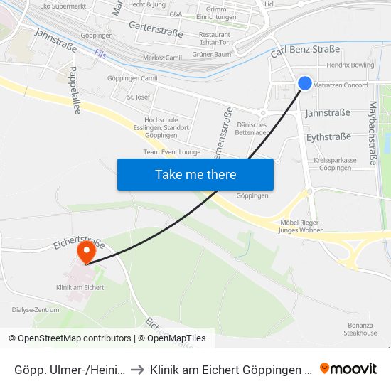 Göpp. Ulmer-/Heininger Str. to Klinik am Eichert Göppingen Frauenklinik map