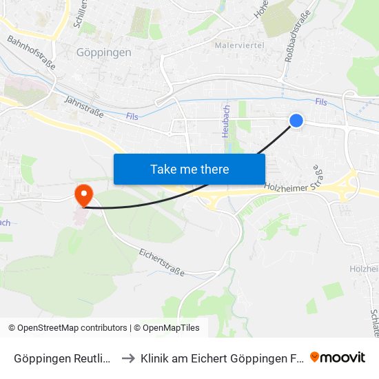 Göppingen Reutlinger Str. to Klinik am Eichert Göppingen Frauenklinik map