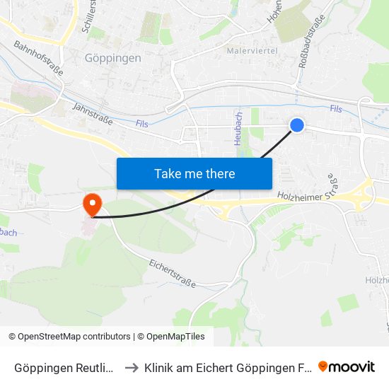 Göppingen Reutlinger Str. to Klinik am Eichert Göppingen Frauenklinik map