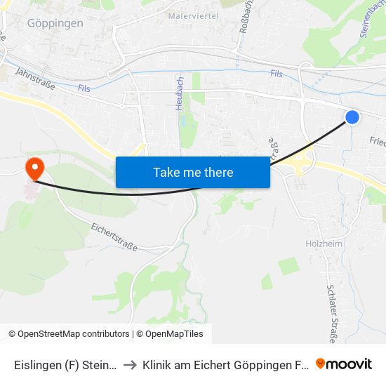 Eislingen (F) Steinbeisstr. to Klinik am Eichert Göppingen Frauenklinik map