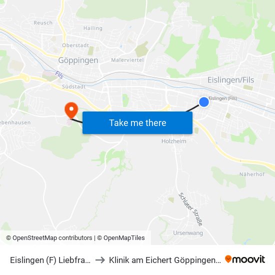 Eislingen (F) Liebfrauenkirche to Klinik am Eichert Göppingen Frauenklinik map