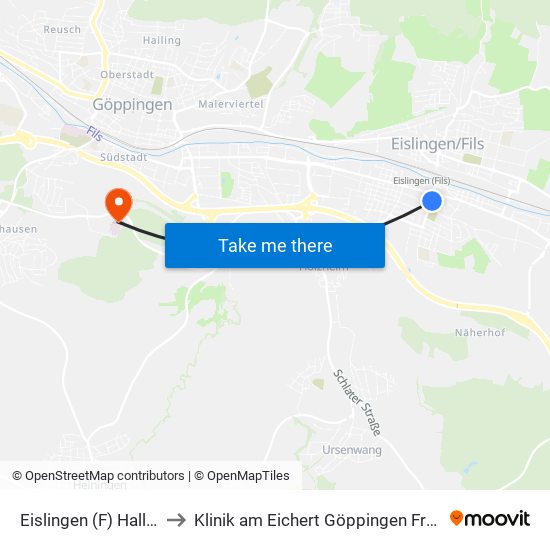 Eislingen (F) Hallenbad to Klinik am Eichert Göppingen Frauenklinik map