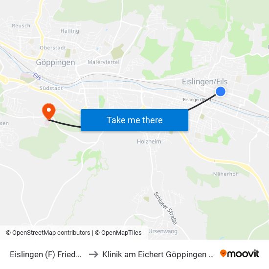 Eislingen (F) Friedhof Nord to Klinik am Eichert Göppingen Frauenklinik map