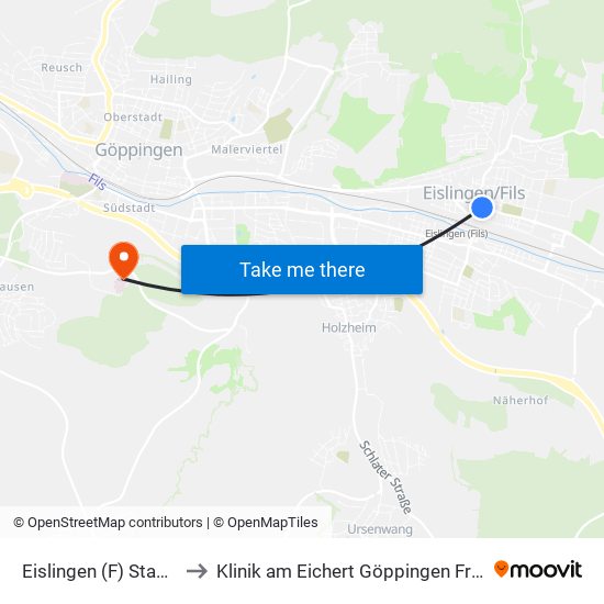 Eislingen (F) Stadtmitte to Klinik am Eichert Göppingen Frauenklinik map