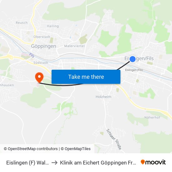 Eislingen (F) Waldhorn to Klinik am Eichert Göppingen Frauenklinik map