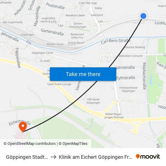 Göppingen Stadtwerke to Klinik am Eichert Göppingen Frauenklinik map