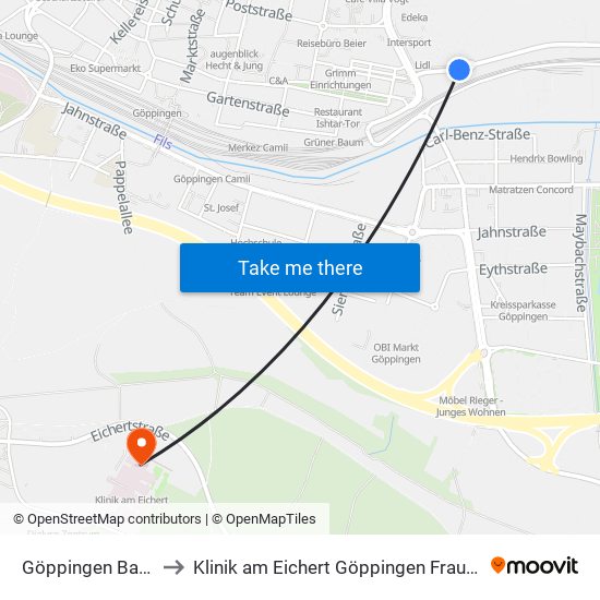 Göppingen Bauhof to Klinik am Eichert Göppingen Frauenklinik map