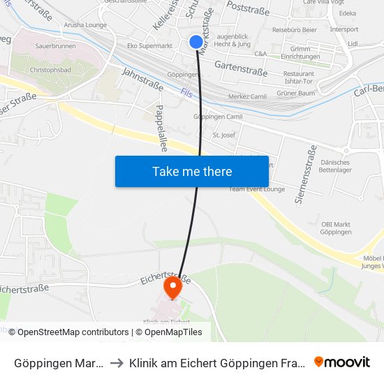 Göppingen Marktstr. to Klinik am Eichert Göppingen Frauenklinik map