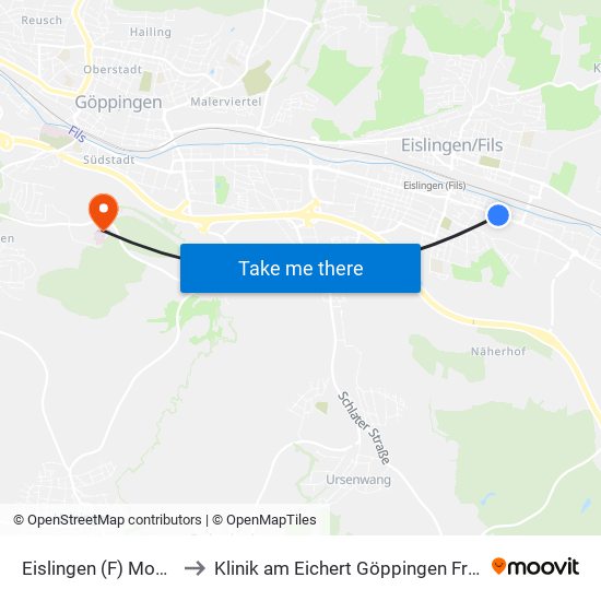 Eislingen (F) Mozartstr. to Klinik am Eichert Göppingen Frauenklinik map