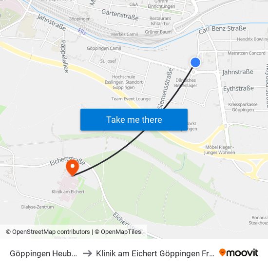 Göppingen Heubachstr. to Klinik am Eichert Göppingen Frauenklinik map