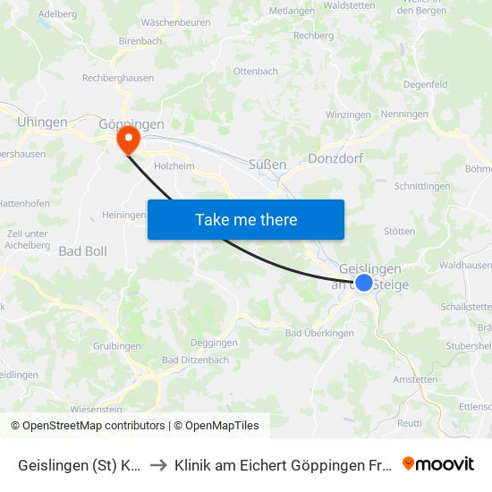 Geislingen (St) Kantstr. to Klinik am Eichert Göppingen Frauenklinik map
