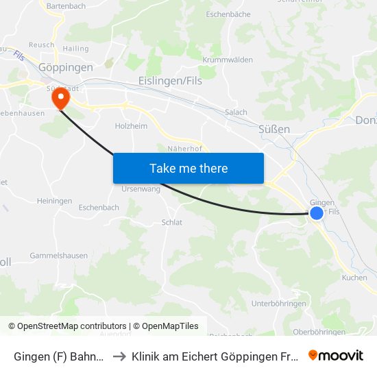 Gingen (F) Bahnhofstr. to Klinik am Eichert Göppingen Frauenklinik map