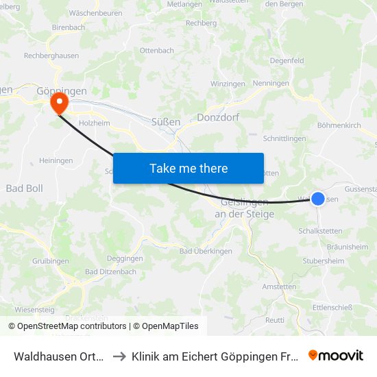 Waldhausen Ortsmitte to Klinik am Eichert Göppingen Frauenklinik map