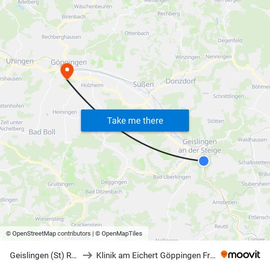 Geislingen (St) Rathaus to Klinik am Eichert Göppingen Frauenklinik map