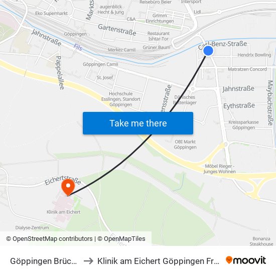 Göppingen Brückenstr. to Klinik am Eichert Göppingen Frauenklinik map