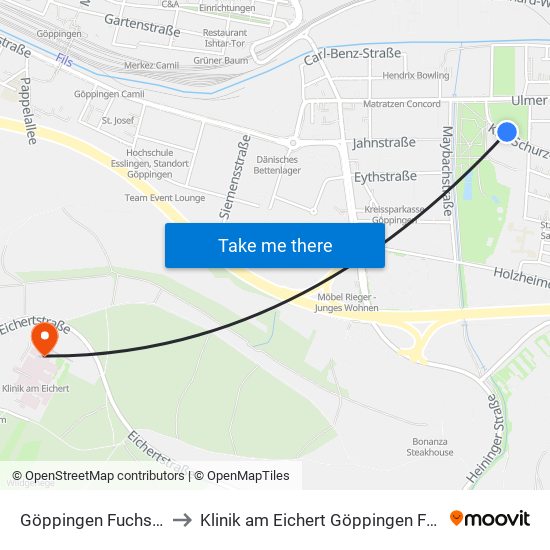 Göppingen Fuchseckstr. to Klinik am Eichert Göppingen Frauenklinik map