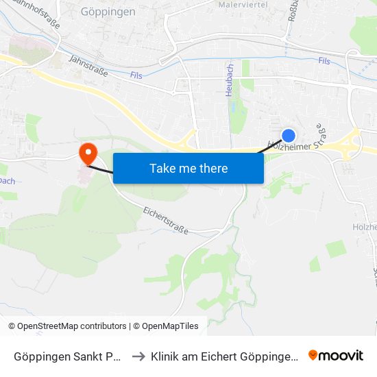 Göppingen Sankt Pauls Kirche to Klinik am Eichert Göppingen Frauenklinik map