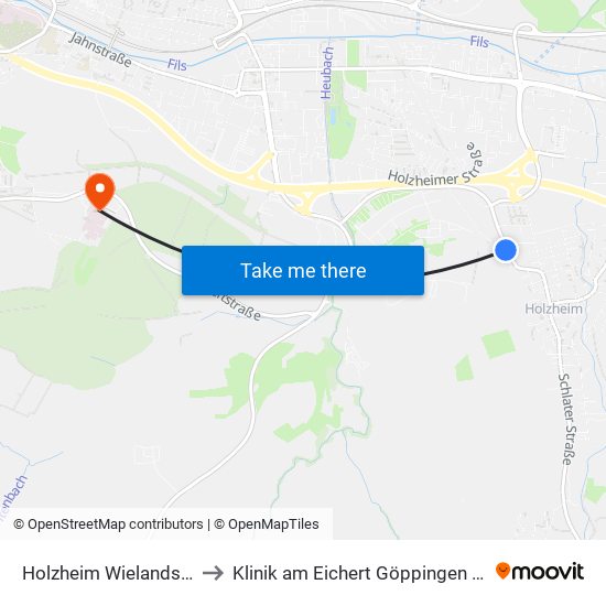 Holzheim Wielandstraße/Bf to Klinik am Eichert Göppingen Frauenklinik map