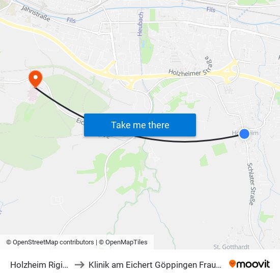 Holzheim Rigipark to Klinik am Eichert Göppingen Frauenklinik map