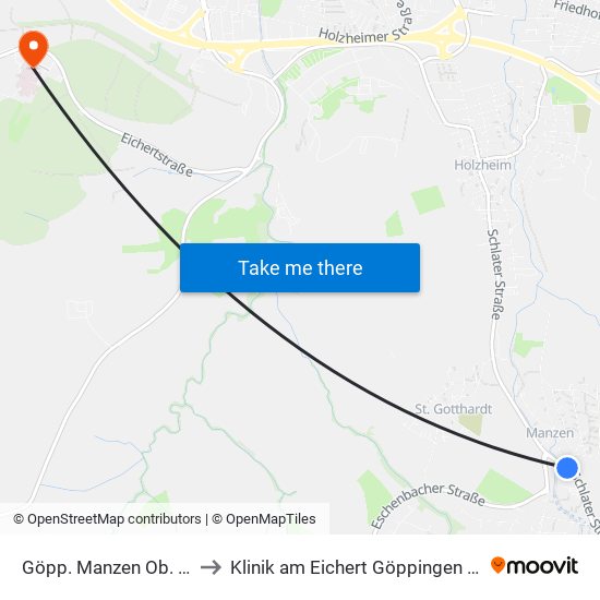 Göpp. Manzen Ob. Siedlung to Klinik am Eichert Göppingen Frauenklinik map