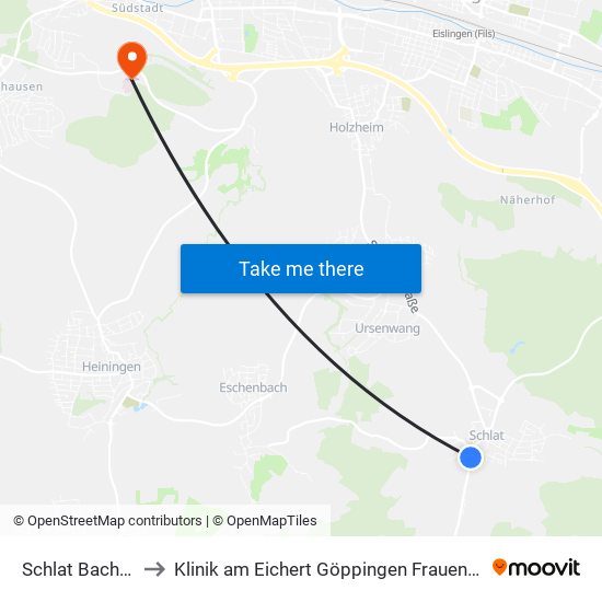 Schlat Bachstr. to Klinik am Eichert Göppingen Frauenklinik map
